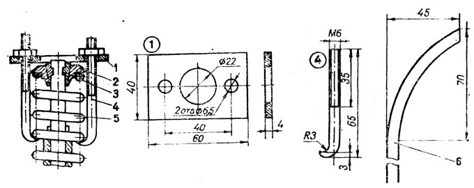 Рис. 3. Разборка клапанного узла: 1 - пластина; 2 - тарелка; 3 сухарики; 4 - крюк; 5 - пружина; 6 -…