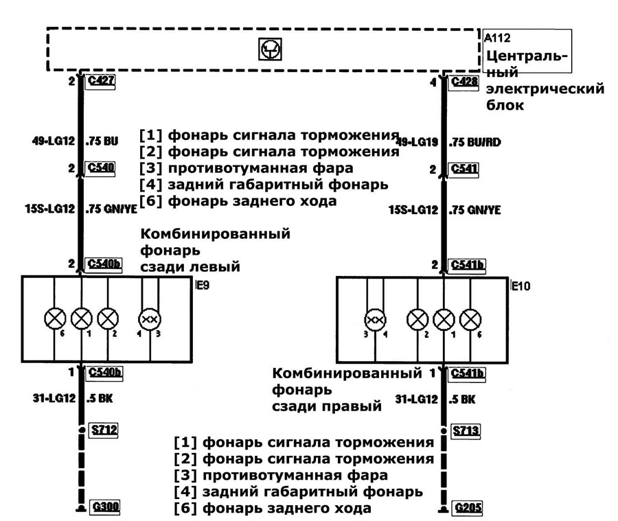 Схема проводки фонаря заднего хода Электрические схемы наружного освещения, фар (Электрооборудование / Принципиальн