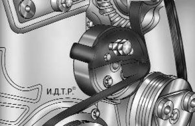 Рис. 4.7. Установка на шкив водяного насоса приспособления для монтажа ремня привода…