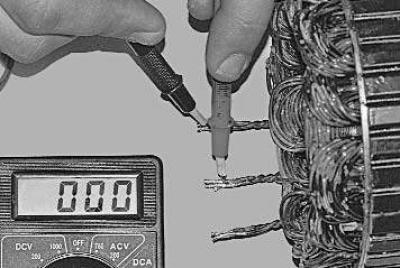 20. Check the rotor winding short circuit to ground. To do this, connect one tester probe to the…