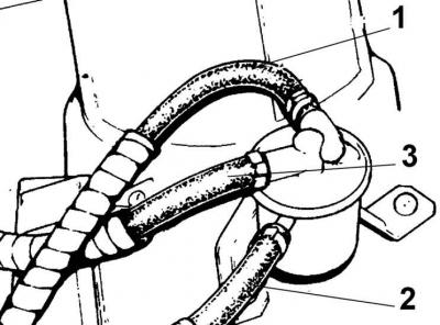 1 – возвратный топливный шланг, 2 – подающий топливный шланг, 3 – подача топлива в карбюратор