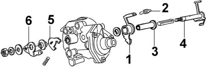 1 – верхняя управляющая кулиса заслонки, 2 – возвратная пружина кулачка быстрого холостого хода, 3…