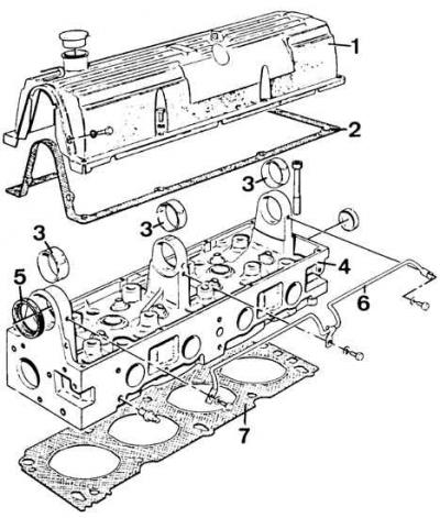 1 – крышка головки блока цилиндров, 2 – прокладка крышки, 3 – втулки подшипников распредвала, 4 –…