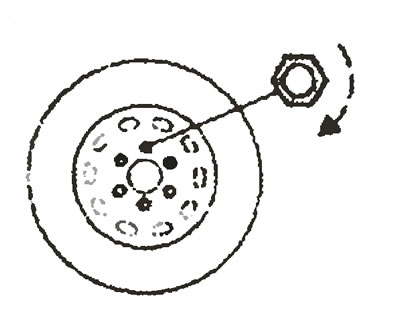 1. Пропустите стальной трос через диск колеса изнутри к наружи и закрепите круглыми гайками.