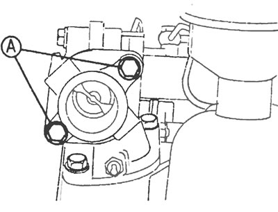 Рис.7.4. На ранних моделях отвинтите два болта (А) и снимите крышку термостата