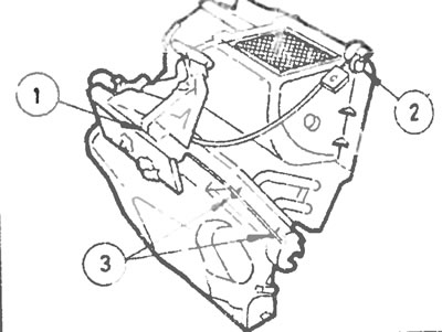 Рис. 10.17. Отопитель: блок управления (1), узел воздушных заслонок (2) и крепежные болты (3).