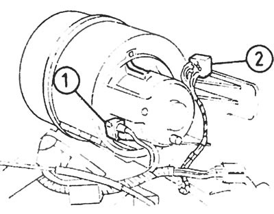 Рис. 10.24. На последних моделях отсоедините штекер питания (1) и резистор электродвигателя (2).
