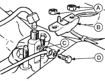 Рис. 10.7. Топливная форсунка на моделях до 1989 года: А - Гайка зажима, В - Зажим, С - Шайбы узла…