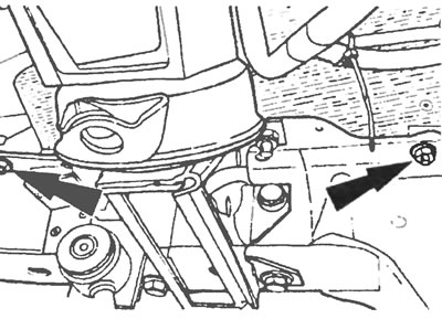 Рис.21.4. Отвинтите фиксирующие гайки и болты жаростойкого щитка (стрелками показаны нижние гайки).