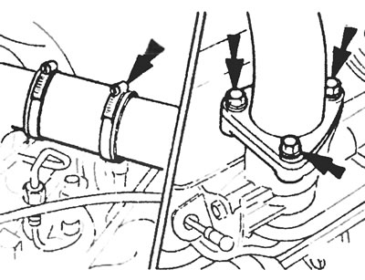 Рис.21.20. Ослабьте зажимы и болты креплений (показаны стрелками), отсоедините впускной трубопровод…