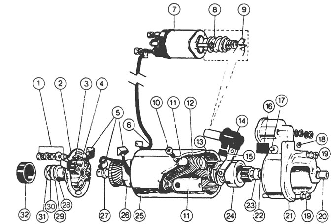Рис.9.0а. Детальный вид стартера Lucas / Magnet! Marelli 5М90 1. Гайки и шайбы зажимов, 2. Торцевая…