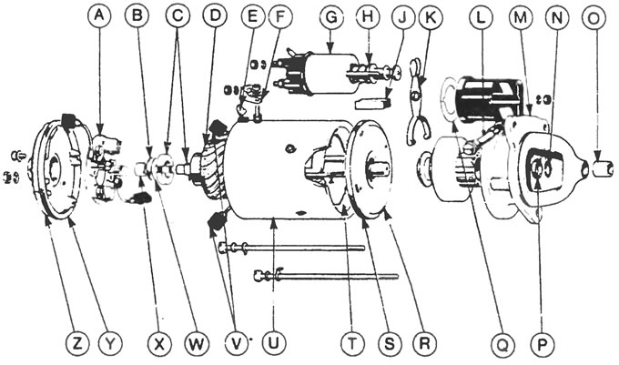 Рис. 9.0,в. Детальный вид стартера Lucas/Magneti-Marelli M127: А - Щеткодержатель, В - Шайба, С -…