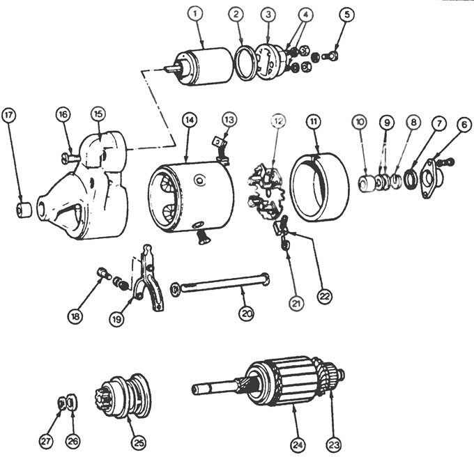 Рис. 9.0,г. Детальный вид стартера Bosch long frame: 1. Тяговое реле, 2. Прокладка. 3. Контакты. 4.…