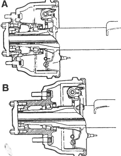 Рис. 7.7,б. Ступица с подшипником на мосту «G»: А - Мост мод. 51А, В - Мост мод. 53.