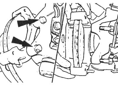 Рис.5.12. Отвинтите два болта (указаны стрелками), крепящие направляющую колодок суппорта к…
