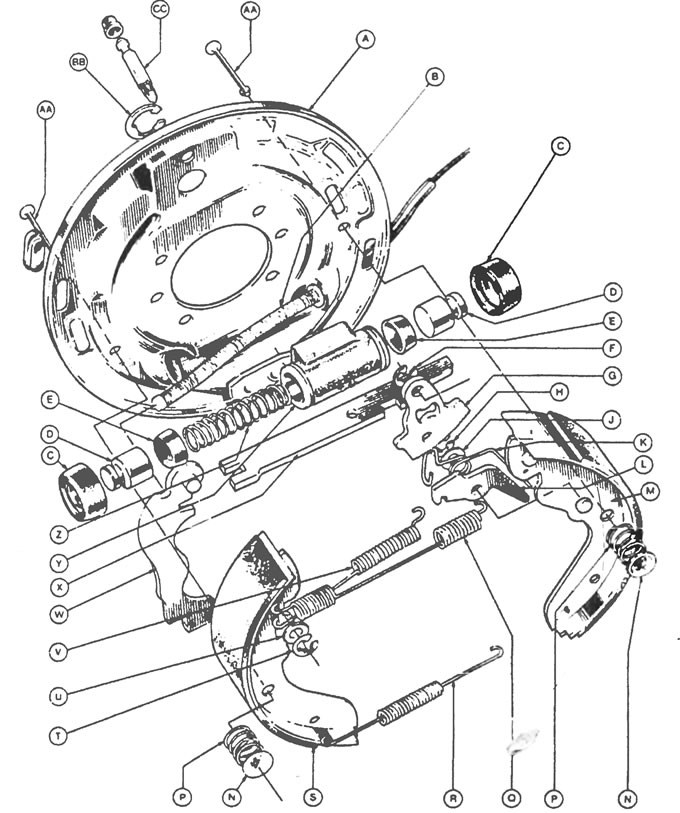 Рис. 8.4. Задний тормоз: А - Защитный кожух, В - Трос стояночного тормоза, С - Защитный колпак, D -…