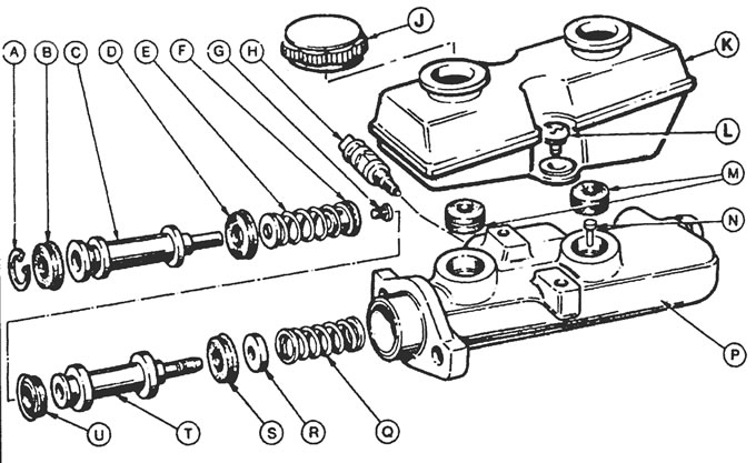 Рис. 11.3. Главный цилиндр: А - Стопорное кольцо, В - Манжета, С - Первый поршень, D - Манжета, Е -…