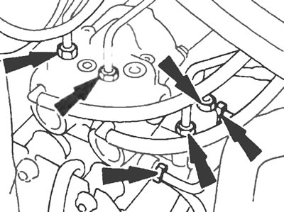 Рис. 21.5,а. Соединения тормозных трубок на гидравлическом блоке системы ABS.