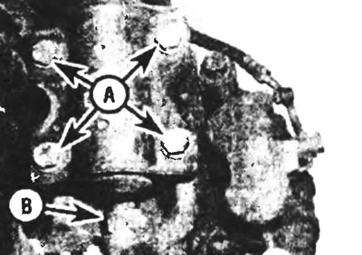 Рис. 4.3. Четыре болта (А), крепящие к поворотному кулаку амортизатор, и гайка (В), крепящая к…