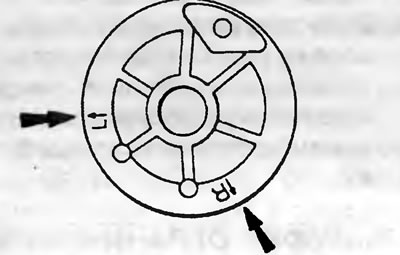 Рис. 19.10. Установочные метки верхнего фиксатора амортизатора («L» и «R»).