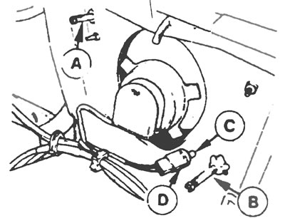 13.2,а. Вид сзади узла фары на ранних моделях: А - Винт регулировки положения фары по горизонтали,…