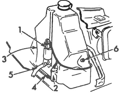 Рис. 21.1. Детальный вид бачка системы омывания лобового стекла и фар: 1. Насос омывания фар, 2.…