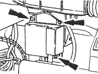 Figure 29.4. Unscrew the fixing bolts (indicated by arrows) and remove the airbag control module.